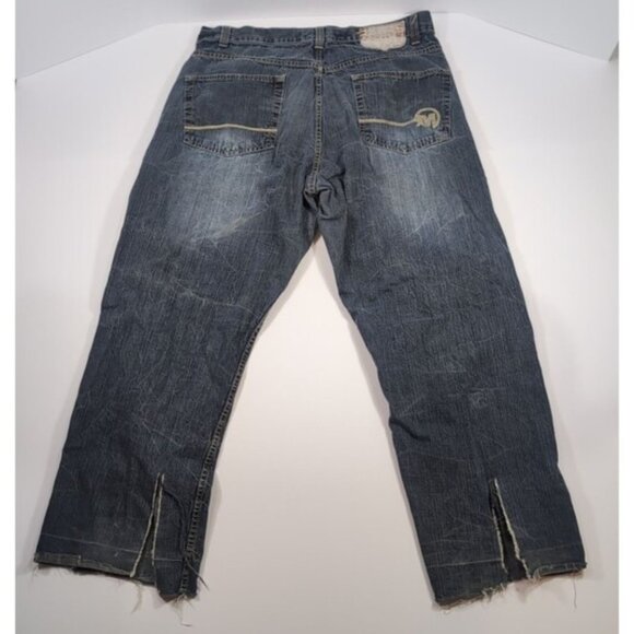 Mecca USA Mens 40x30 Dark Blue Straight Leg Denim Jeans Baggy Cut Off Slit Leg - Picture 1 of 9